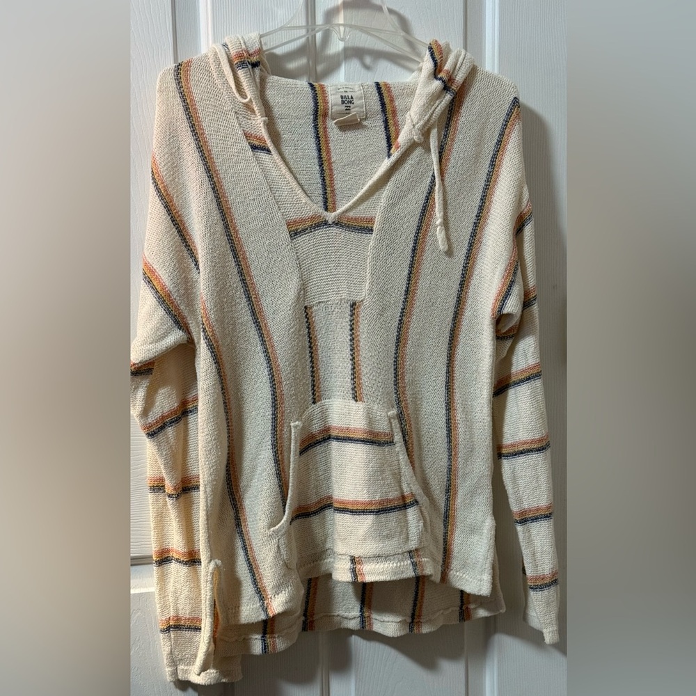 Billabong Baja Beach Hooded Boho Knit Sweater Sand and Multicolor Stripe Size Sm